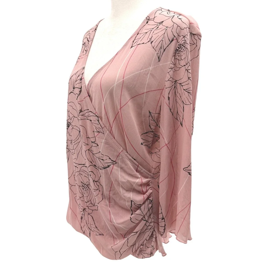 Vintage Y2K The Limited Blouse XL Faux Wrap Sheer Floral Rhinestone Lettuce Hem - Picture 2 of 9